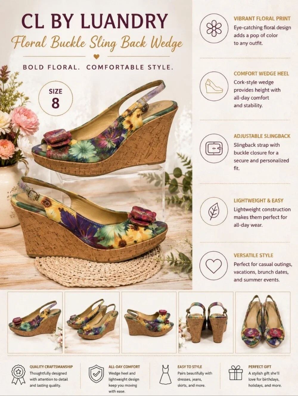 CL BY LUANDRY Floral buckle sling back wedge 8